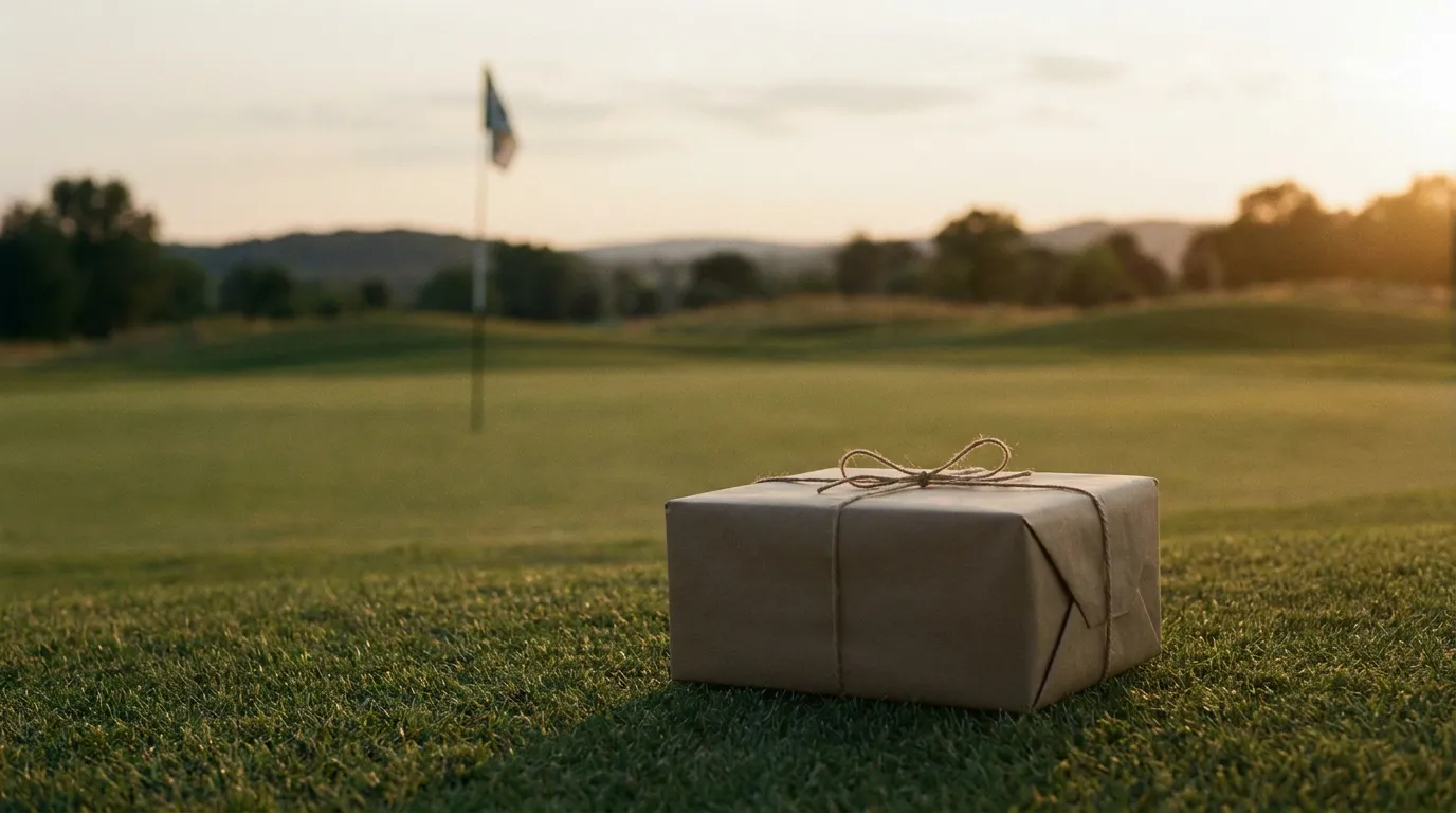 A plain kraft gift box tied with twine resting on fairway grass, a putting green and flag behind it in low evening sun