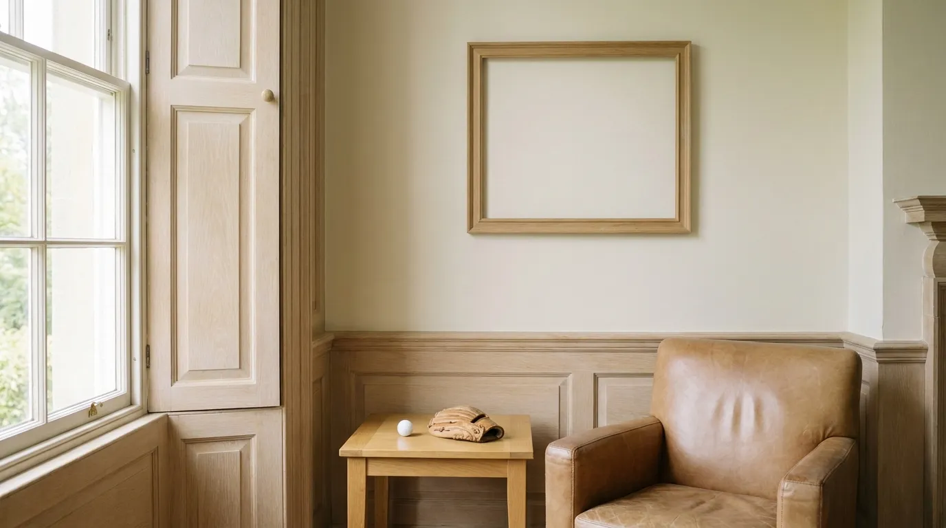 A bright study corner in pale oak panelling with an empty picture frame on the wall, a tan leather armchair, and a golf ball and glove on a side table