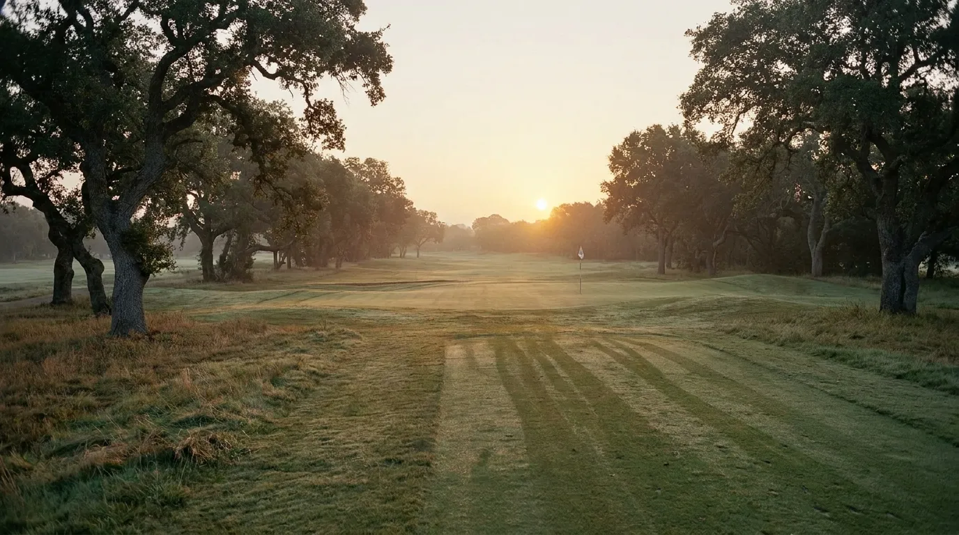 A parkland golf fairway at sunrise, mown striping running away between mature oaks towards a distant flag, mist lifting off the grass