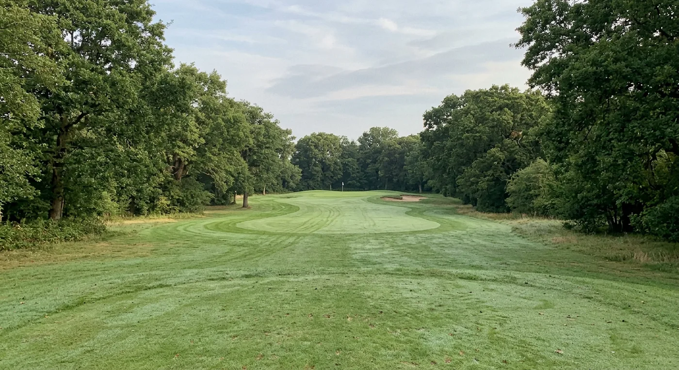 A phone photograph of a parkland golf hole from the tee in morning light