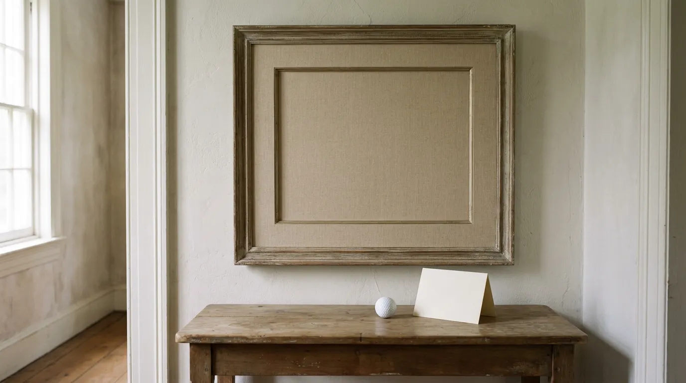 An empty picture frame on a pale hallway wall above a rustic table holding a golf ball and a blank folded card