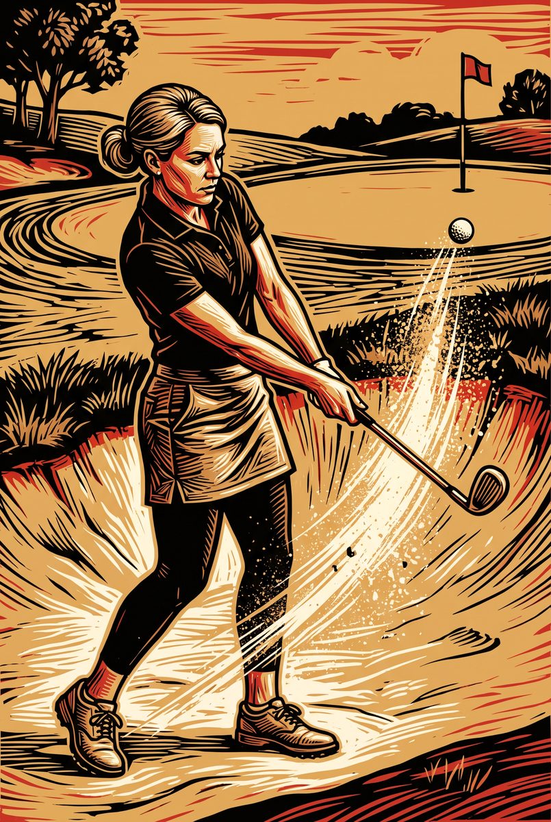 In a linocut style, a woman golfer with her hair in a bun splashing a ball out of a bunker in a burst of sand, the ball rising towards a red flag.