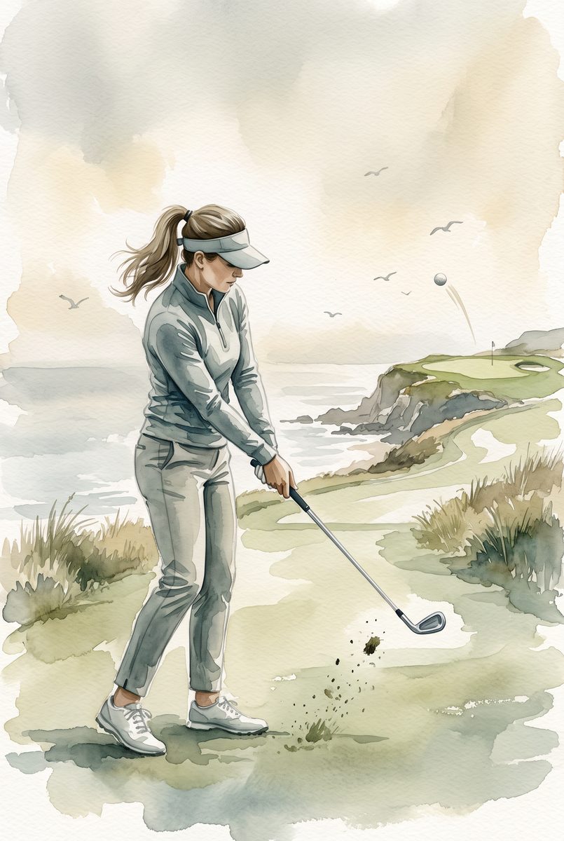 A short-iron approach on a coastal fairway, turf flying from the strike as the ball climbs toward a clifftop green, gulls over a hazy sea - loose watercolour style in sea-grey, sage and pale gold.