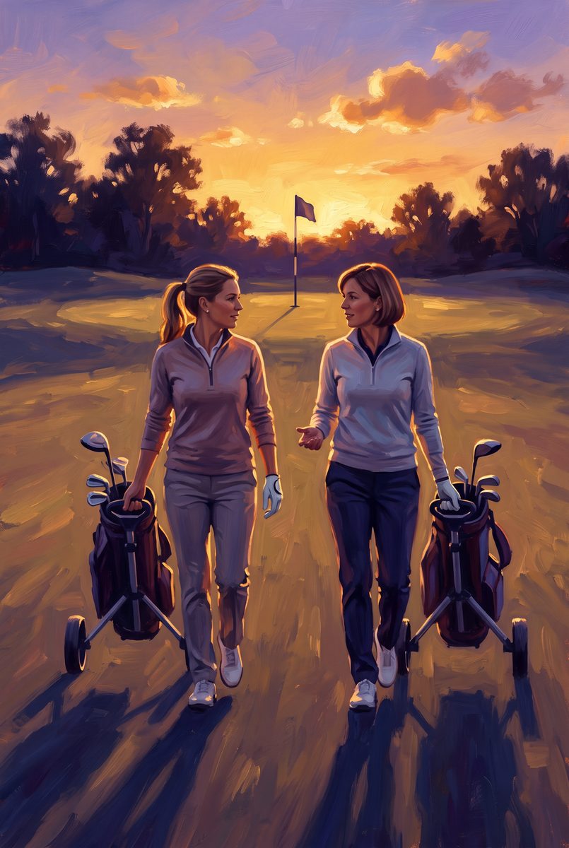 Two friends walking the last fairway together at sunset, each pulling a trolley with an upright bag, the flag ahead under a gold and violet sky - oil-painting style with deep indigo shadows.