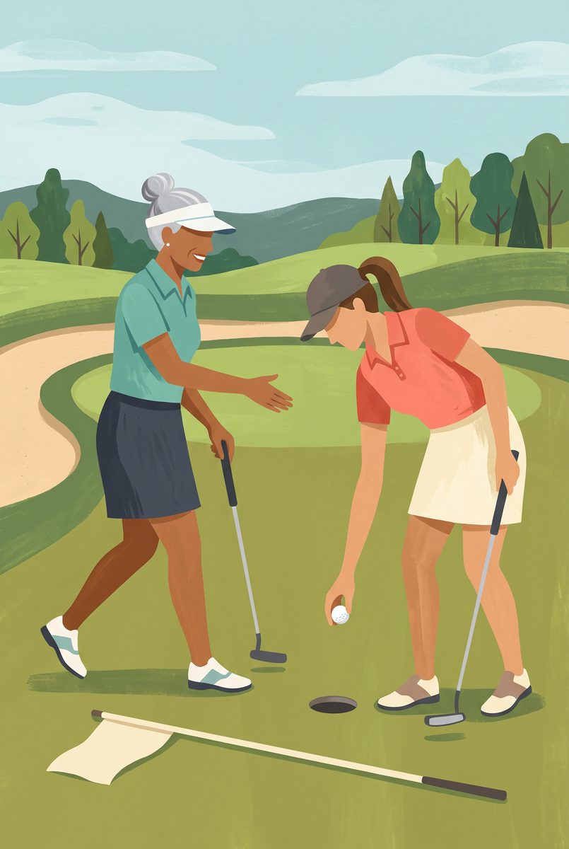 The ball lifted from the cup as a playing partner steps in to shake hands, the flagstick laid on the green beside a bunker - mid-century gouache style in fresh green, sand, teal and coral.