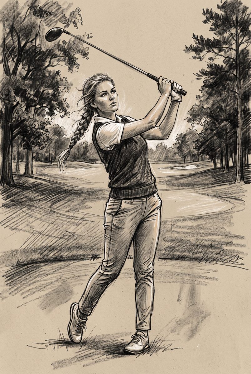 A player holding a high finish after the drive, eyes on the ball down a tree-lined parkland fairway - charcoal study style on toned paper, smudged greys and warm highlights.